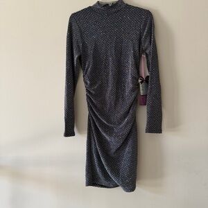 Elegant Rhinestone Embellished Ruched Mock Neck Gray Long-Sleeve Midi Dress
